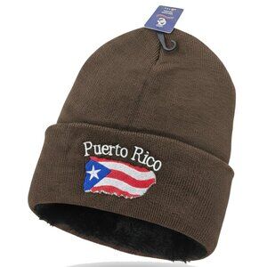 Puerto Rico Embroidered Skull Cap Beanie Winter Hat, Warm Lined, Brown, NWT